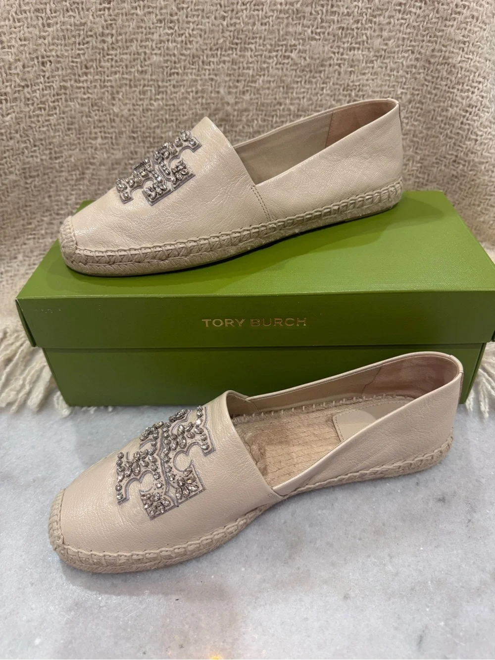 Tory Burch Ivory Embellished Leather Espadrille Flats NIB  Size 9